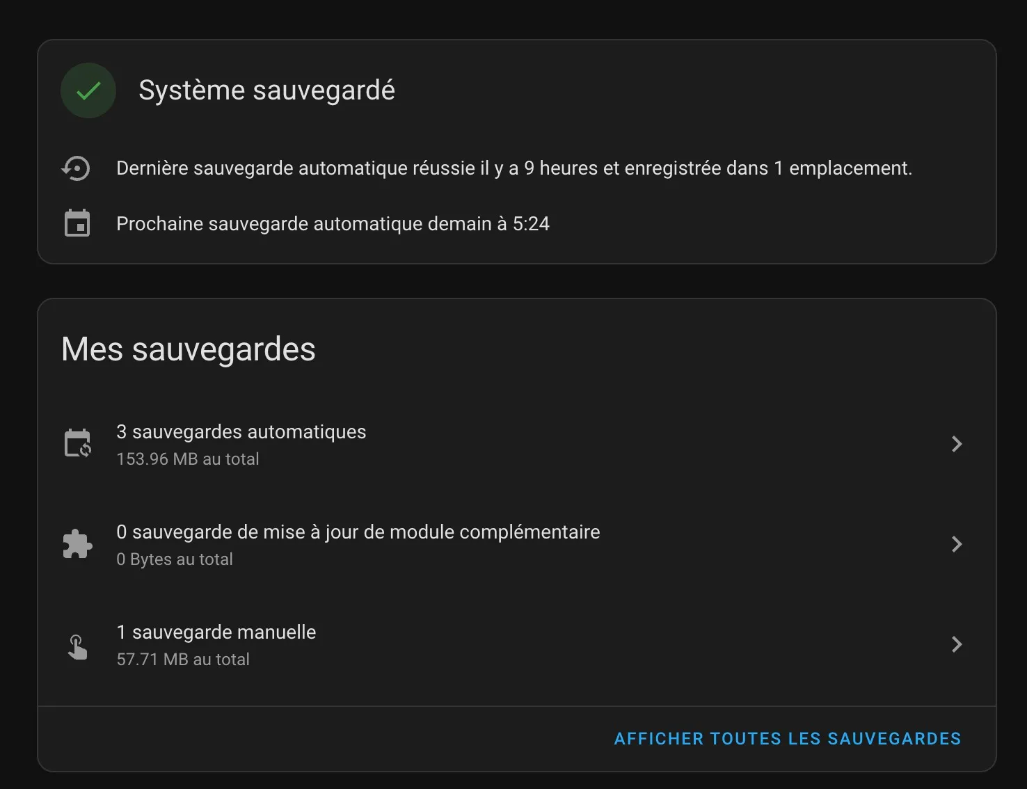 Home Assistant backup screen in French