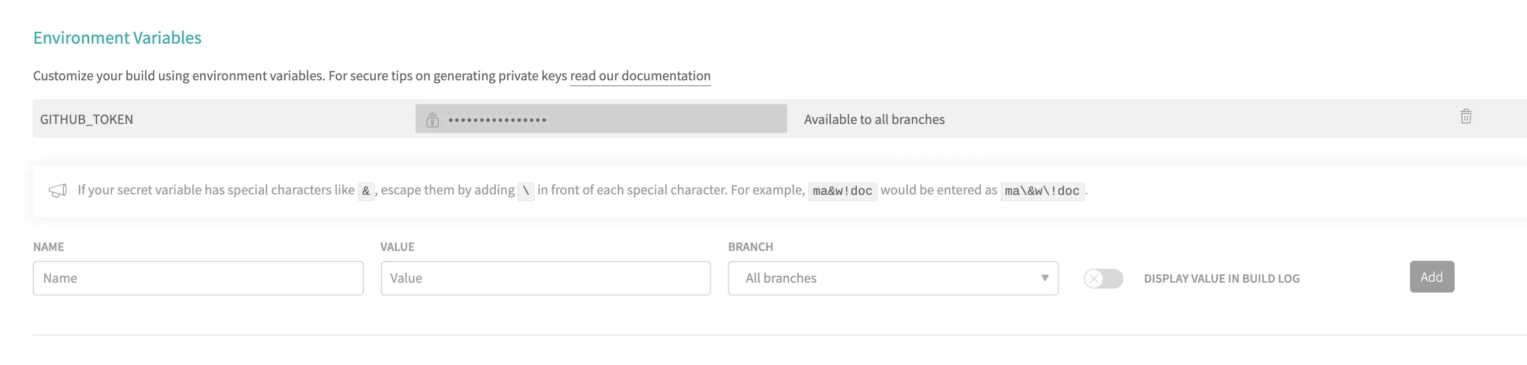 env variables settings screenshot