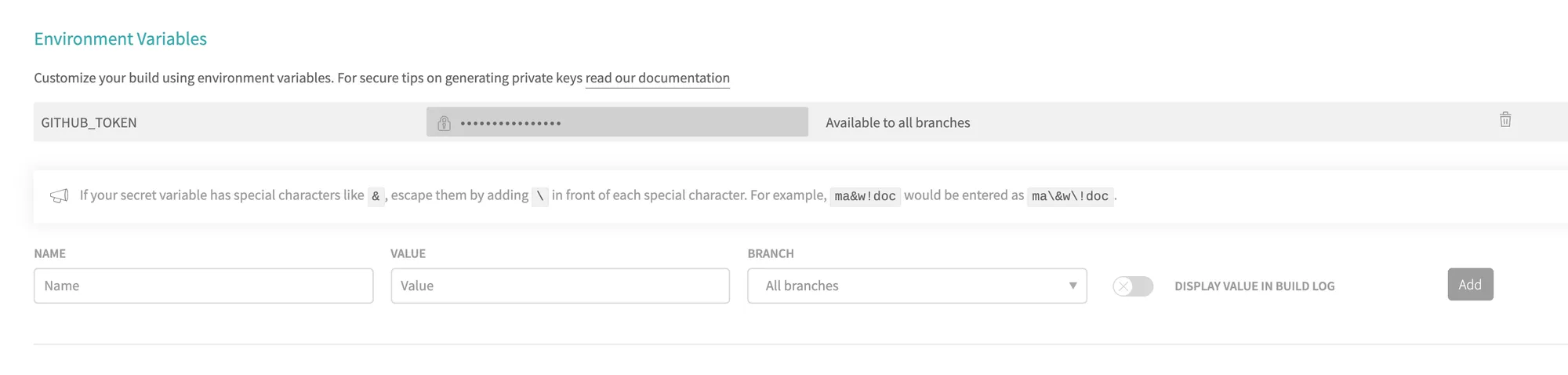 env variables settings screenshot