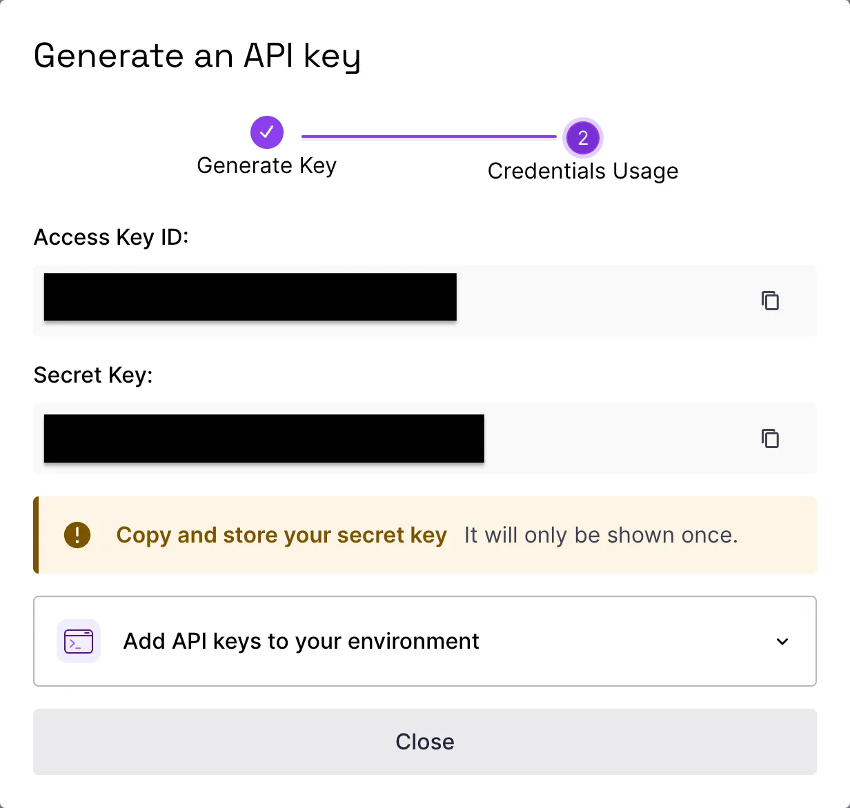 Example of modal in web ui where you can get your tokens